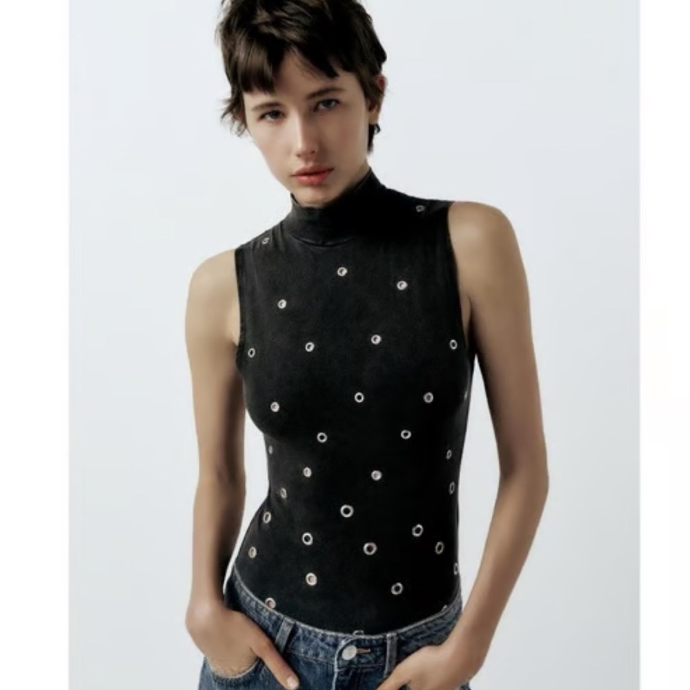 NWT Zara Black Embellished Sleeveless Bodysuit